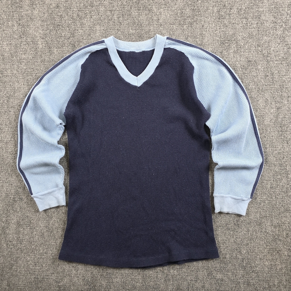 VINTAGE WAFFLE KNIT COLORBLOCK STRIPE V-NECK NAVY CAROLINA BLUE 18x27